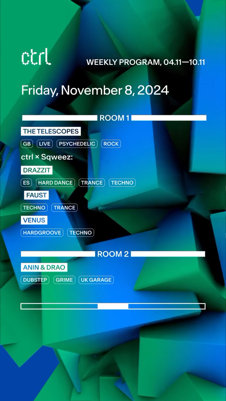 The Telescopes, Drazzit, Faust, Venus (ROOM 1), ANINA & DRAO (ROOM 2)
