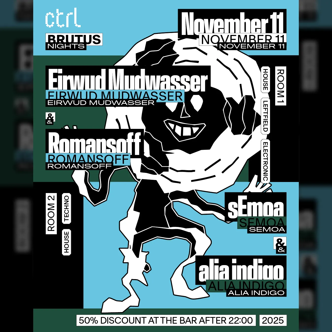 ctrl BRUTUS NIGHTS: Eirwud Mudwasser & Romansoff, sEmoa & alia indigo